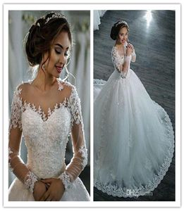 2021 Dubaï élégant manches longues Aline robes de mariée pure col rond dentelle appliques perlées Vestios de Novia robes de mariée wit7556204