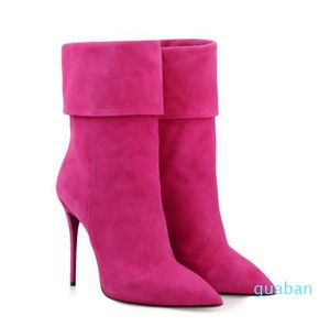 Mode robe bout pointu rose purfle chaussure cylindre talons hauts hiver femmes demi bottes femmes chaussures