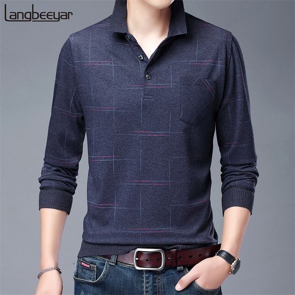 Designer de mode Marque Turn Down Collier Homme Polo Hommes Casual Plaid Spandex Manches Longues Tops Automne Hommes Vêtements 210308