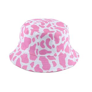 2021 NOUVEAU Mode Coréen Pink Cow imprimé Seau chapeau Femmes Cap de pêche réversible Bob Chapeau Automne Summer Y220301