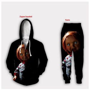 2021 Nieuwe Mode Mannen / Dames Halloween Terror Movie Chucky Rits Hoodie en Broek Tweedelig Leuke 3D Algemene Gedrukte Trainingspakken PJ03