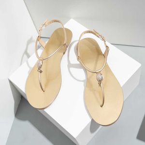2021 Nouvelle mode PU cuir strass t-strap été plat string femme sandales dames plage Slingback chaussures de marche Y0721