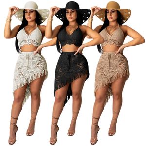 Femmes maillot de bain deux pièces ensemble Sexy main crochet frange jupe décontractée ensemble été plage maillot de bain Blouse S-XL