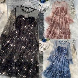 2021 nouvelle femme col rond étoiles paillettes maille brillant fée robe femmes élégant Bling gaze princesse bouffée robes Vestidos De Fiesta X0629