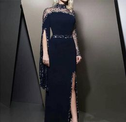 2021 Nouvelles robes de soirée bleu marine haut de coude Kaftan Dubai Per perlé à manches longues robes de fête modestes robe de soirée divisée Prom D2857318