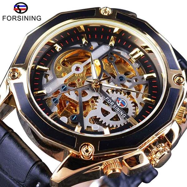 2021 Nouveau Forsining Gear Mouvement Transparent Steampunk Montre-Bracelet Véritable Ceinture Auto Vent Automatique Hommes Squelette Montres Montres-bracelets cadeau