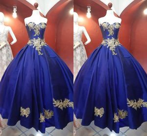 2021 NIEUWE GOUD Floal Applique Prom Formele Jurken Prinses A-Lijn Royal Blue Satin Strapless Avondjurken Elegant Vestidos de Quinceanera