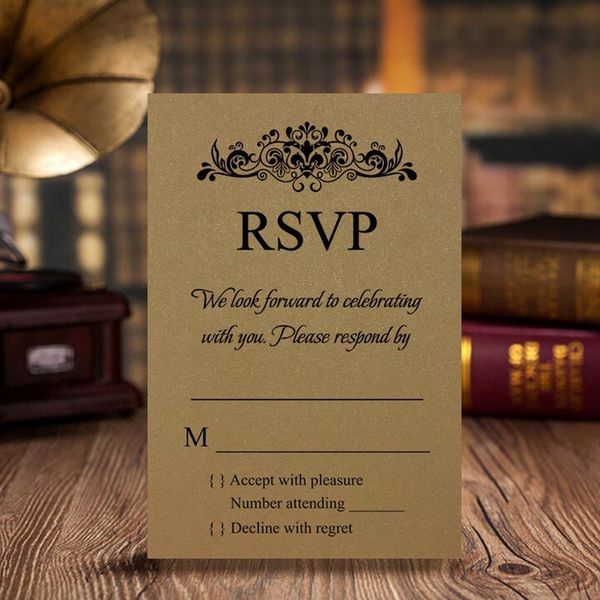 2021 nueva tarjeta Gold RSVP con sobre gratis para boda/fiesta, 50 uds/lote
