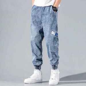 2021 Nouveau Hip Hop Harem Jeans Pantalons Hommes Lâche Joggers Denim Pantalon de survêtement décontracté Style coréen Pantalon longueur cheville Streetwear X0621
