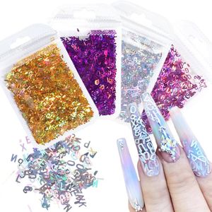 2021 nouveau Holographique Alphabet Ongles Glitter Flakes 3D Lettre Mixte Numéro Nail Art Décorations Brillant Laser Paillette Manucure De Noël