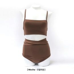 2021 new Korean retro gathered small breast bikini female high waist slimming belly bikini swimsuit 3 colors