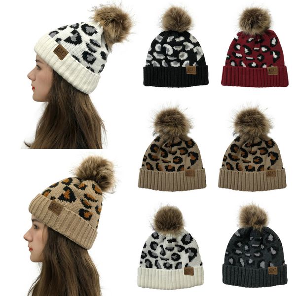 Léopard Tricoté Chapeaux Pom Boule De Fourrure Bonnets Femmes Hiver Chaud Bonnet De Laine Tricot