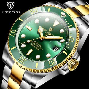 2021 Nieuwe LIGE mechanische polshorloge luxe merk mannen horloges automatisch goud roestvrij staal 100m waterdichte zakelijke horloge mannen Q0902