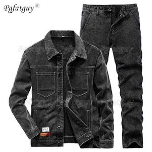 2021 Nieuwe Mannen Casual Slim Black Jacket en Jeans Herenpakken Lente Herfst Mannen Revers Lange Mouw Denim Jas + Jeans 2 stks Set G1217