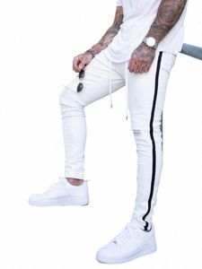 2021 Nouveaux pantalons déchirés pour hommes Hip-Hop Fi Jeans blancs pour hommes Jeans à rayures latérales de grande taille Marque Skinny Stretch Slim Fit Pantalon 72gf #