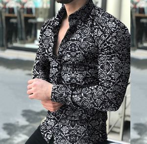 2021 Heren Lange Mouw Herfst Casual Button-Down Shirts Top Mode Vakantie Bloemenprint Business Slim Muscle Tops