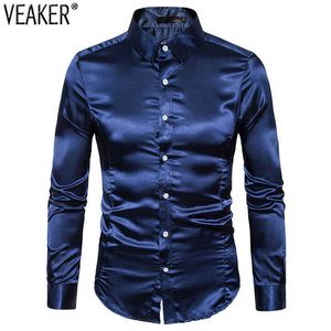 2021 nuevos hombres camisas de fiesta de satén de seda masculina slim fit manga larga color sólido brillante club nocturno camisa de boda 10 colores S-2XL X0602