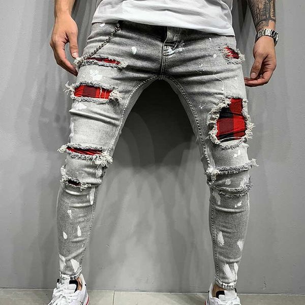 2021 New Men's Slim-Fit Ripped Jeans Men's Painted Jeans Patch Beggar Pants Jumbo Men's Hip Hop Pants Skinny Jeans Pencil Pants X0621