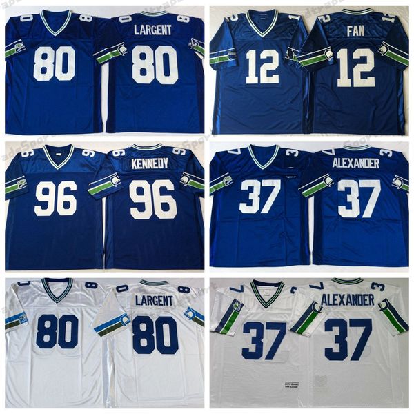 Jerseys de fútbol retro para hombre 37 Shaun Alexander 80 Steve Largent 12 12th Fan 96 Cortez Kennedy Vintage azul blanco cosido Jersey M-XXXL