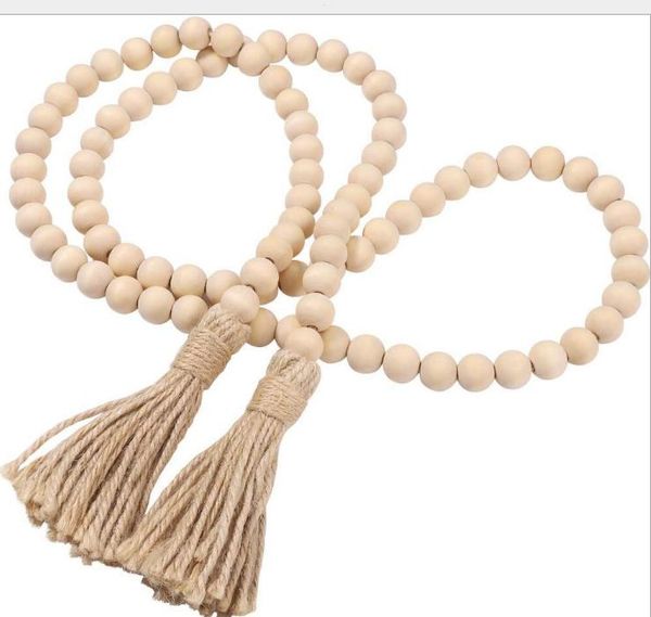 2021 NOUVEAU Naturel Bois Tassel Bead Chaîne de cordes en bois Farmhouse à la main Perles de décoration de corde de chanvre Tassel Hemp Decor Accrocher