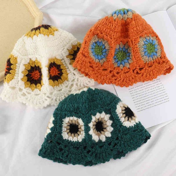Chapeau seau multicolore en laine et coton pur pour femme, marque à la mode, pliable, Crochet creux, tricot, nouvelle collection hiver 2021