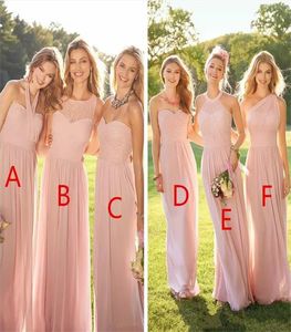 2021 Nieuwe Roze Goedkope Lange Bruidsmeisjes Jurken Gemengde Hals Chiffon Zomer Kant Prom Party Maid of Honour Jurken Avondjurk Custom Made