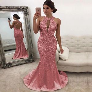2021 Nieuwe roze avondjurken Juwelnek lovertjes kant Long Backless Mermaid Prom jurk Sweep trein aangepaste illusie gewaden de soiree 234G