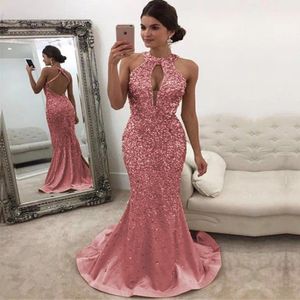 2021 Nieuwe roze avondjurken Juwelnek lovertjes kant Long Backless Mermaid Prom jurk Sweep trein aangepaste illusie gewaden de soiree 204K