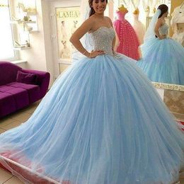 2021 Nieuwe Prinses Sky Blue Sweetheart Crystal Beading Ball Toga Quinceanera Jurken Sweet 16 Jurk Debutante Prom Party Dress Custom Made 35