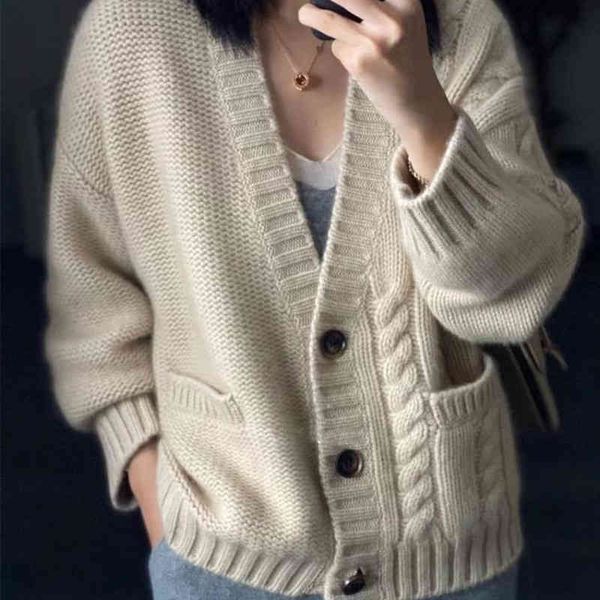 2021 nouveau pur cachemire tricot Cardigan mode épais pull ample hiver femmes 100% laine col en v grande taille veste haut de gamme manteau