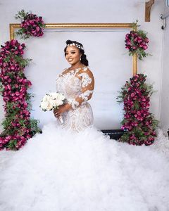 2022 luxe sexy sirène robes de mariée pure manches longues dentelle cristal perlé volants à plusieurs niveaux robes de mariée élégante robe de mariée