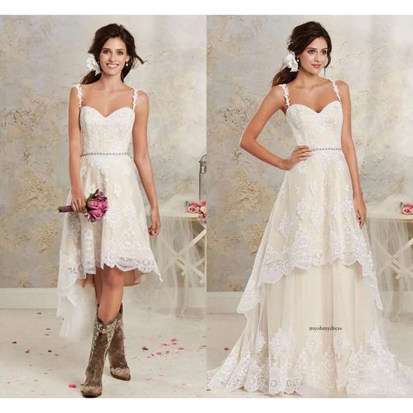 2021 Nouvelles robes sexy deux pièces Spaghetti Lace une ligne Bridal Robes avec Hi-Lo Courte Jupe détachable Country Bohemian Robe de mariage 0509