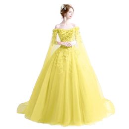 Gele Applicaties Bloemen Bateau Baljurk Quinceanera Jurken Tule Sweet 16 Debutante Prom Party Dress Custom Made 44