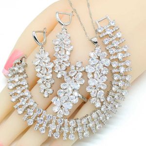 2021 Nieuwe zilveren kleur bruids sieraden sets voor vrouwen wit paarse stenen ketting hanger armbanden oorbellen ringen geschenkdoos H1022