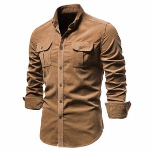2021 Nieuwe Single Breasted 100% Cott Mannen Shirt Busin Casual Fi Effen Kleur Corduroy Mannen Shirts Herfst Slanke Shirt mannen K5aU #