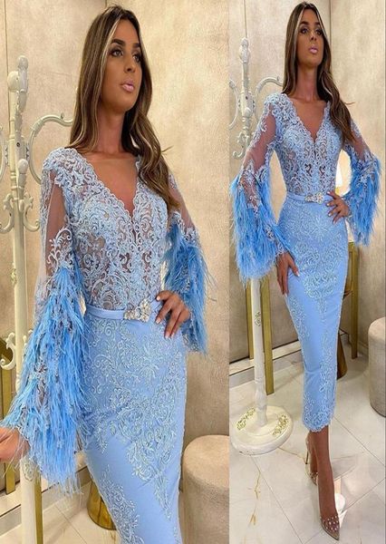 2021 Nouveau ciel bleu arabe aso ebi robes de bal courtes manches longues appliques en dente