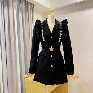 Nieuwe lente herfst mode vrouwen ruches strass patchwork hoge taille met riem zwarte kleur blazer pak jurk SML
