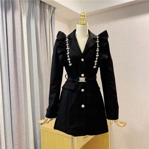 Nouveau printemps automne mode femmes volants strass patchwork taille haute avec ceinture couleur noire blazer costume robe SML