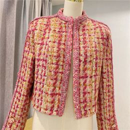 Nieuwe lente herfst mode vrouwen stand kraag roze mix kleur tweed wollen lange mouw hoge taille korte jas jas casacos SML