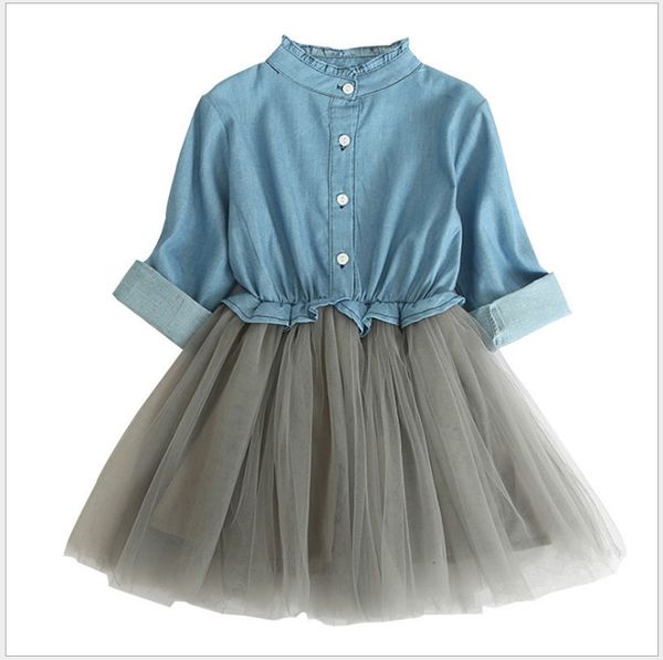 Vestidos de princesa para niñas, Tops vaqueros de manga larga para niños, vestido de costura de gasa de vaquero, novedad de primavera y otoño de 2021, 5 unids/lote