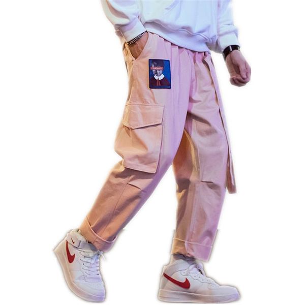 Pantalones de hombre 2021, ropa de calle Hip Hop Cargo para hombres y mujeres, pantalones de Joggers japoneses con bordado de letras y cinta, pantalones bombachos informales rosas