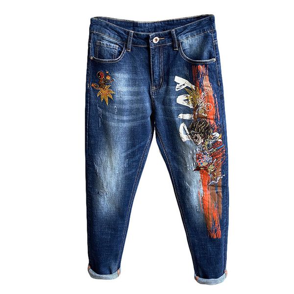 Nouveau style d'automne Jeans déchirés pour hommes Slim Strucy Stretch Jeans broderie Dragon Dragon Blue Denim Pantal