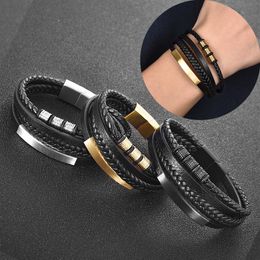 2021 nouveau Style tissé à la main multicouche combinaison accessoire en acier inoxydable hommes Bracelet en cuir mode homme bijoux en gros