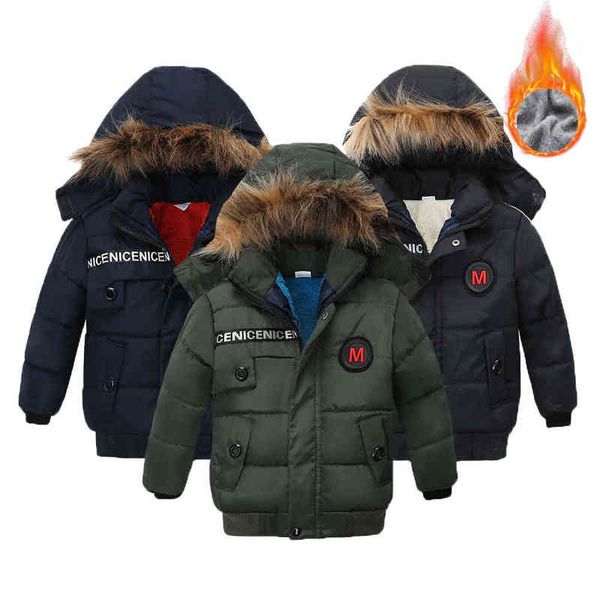 2021 Nouveau style hiver garçons veste épaisse chaude doublure en peluche col de fourrure capuche vêtements d'extérieur pour enfants enfants coupe-vent lourd veste J220718