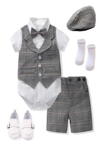 2021 Nouveaux vêtements d'été pour bébés Garçons nouveau-nés Tenues en coton 7 PCSSet Robes d'anniversaire formelles pour enfants Costume à carreaux pour enfants 1127124