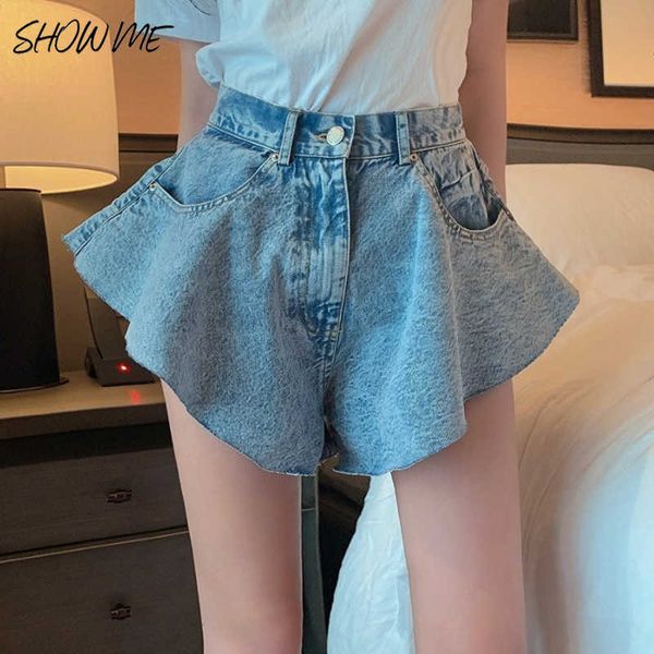 2021 Nueva moda de verano Ruffle Hem Blue Denim Jeans Bolsillos lavados Cremalleras Pantalones cortos femeninos Faldas de cintura alta H0908