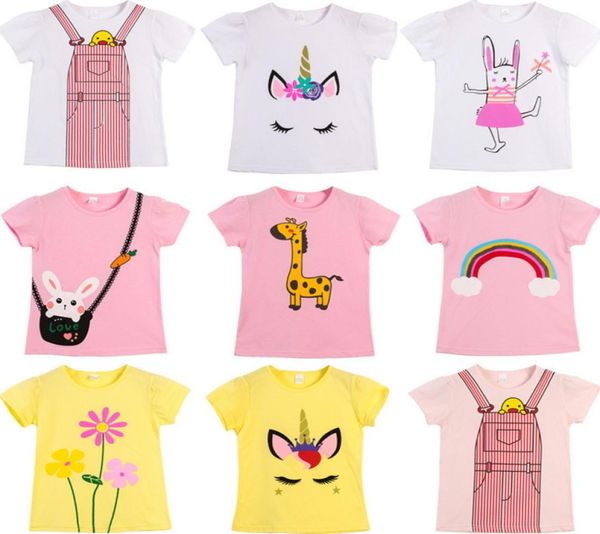 2021 Nuevo verano Camiseta de manga corta Top de algodón para niñas Cartoon Flower Rabbit Butterfly Unicornio TEE KIDS CROPA E18015146825