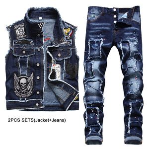 2023 Nouveaux Survêtements Bleu Hommes 2 Pièces Ensembles Mode Slim Casual Broderie Crâne Denim Gilet et Patch De Peinture Ragged Stretch Jeans Conjuntos De Hombres