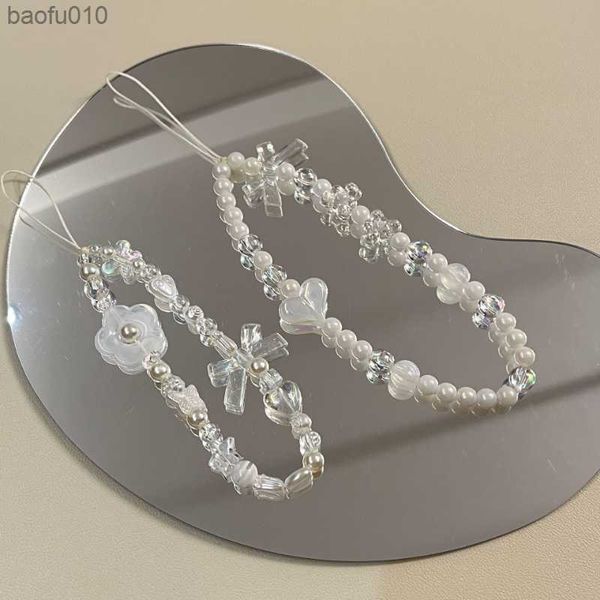 2021 nouveau coeur transparent perles rondes Imitation perle perlée téléphone portable chaîne lanière pour femmes Anti-perte accessoires L230619