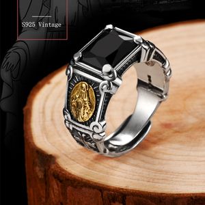 925 Sterling Silver Vintage Black Stone Virgin Mary Finger Ring pour Hommes Femmes Open Cuff Band Anneaux Cubic Zirconia Onyx Bijoux Bijoux Anniversaire Noël Cadeaux Anillo